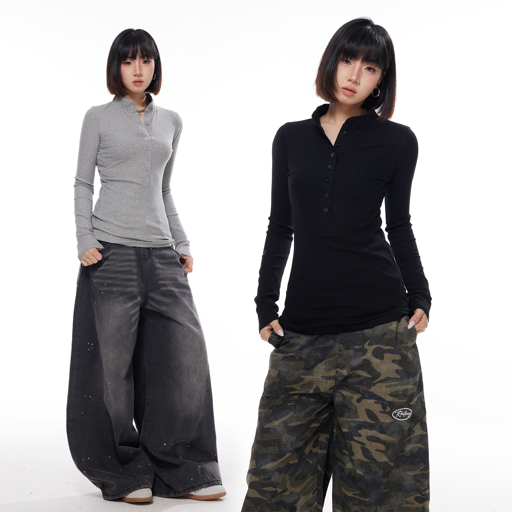 美式简约纯色亨利领长袖t恤