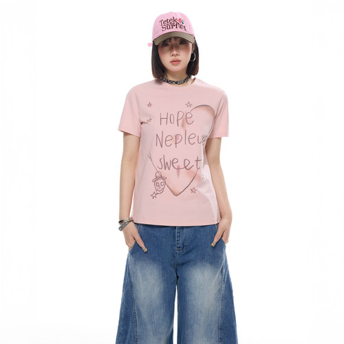 美式数码印花正肩粉色短袖t恤女