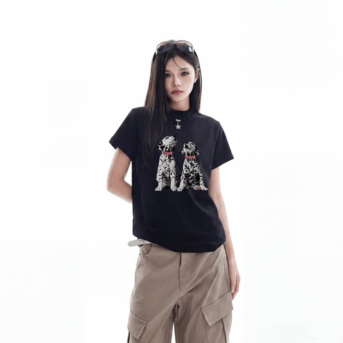 美式复古斑点狗黑色t恤女短袖夏季街头休闲半高领正肩上衣bf半袖