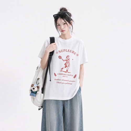美式印花潮牌白色宽松t恤女短袖新款夏季慵懒休闲圆领半袖上衣bf