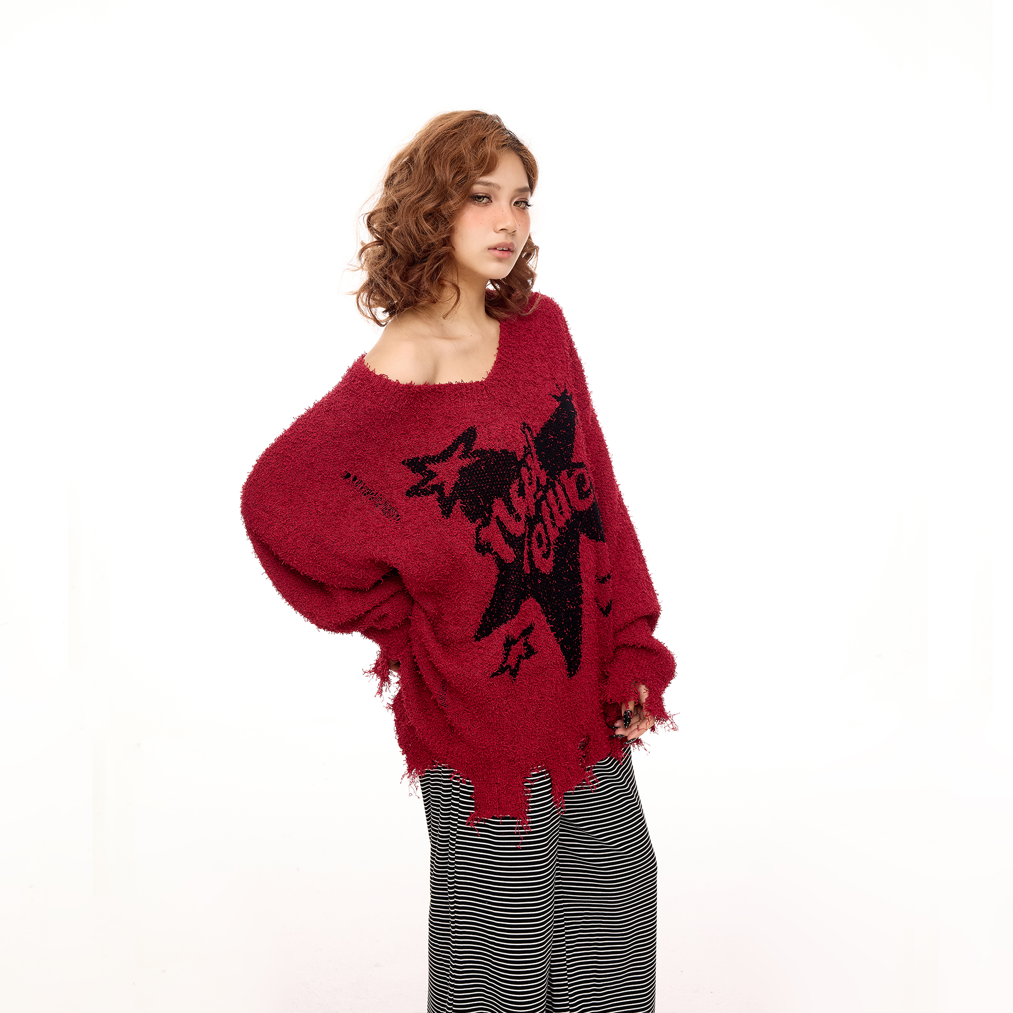 美式复古V领红色毛衣女秋冬2025新款小众oversize慵懒风针织外套