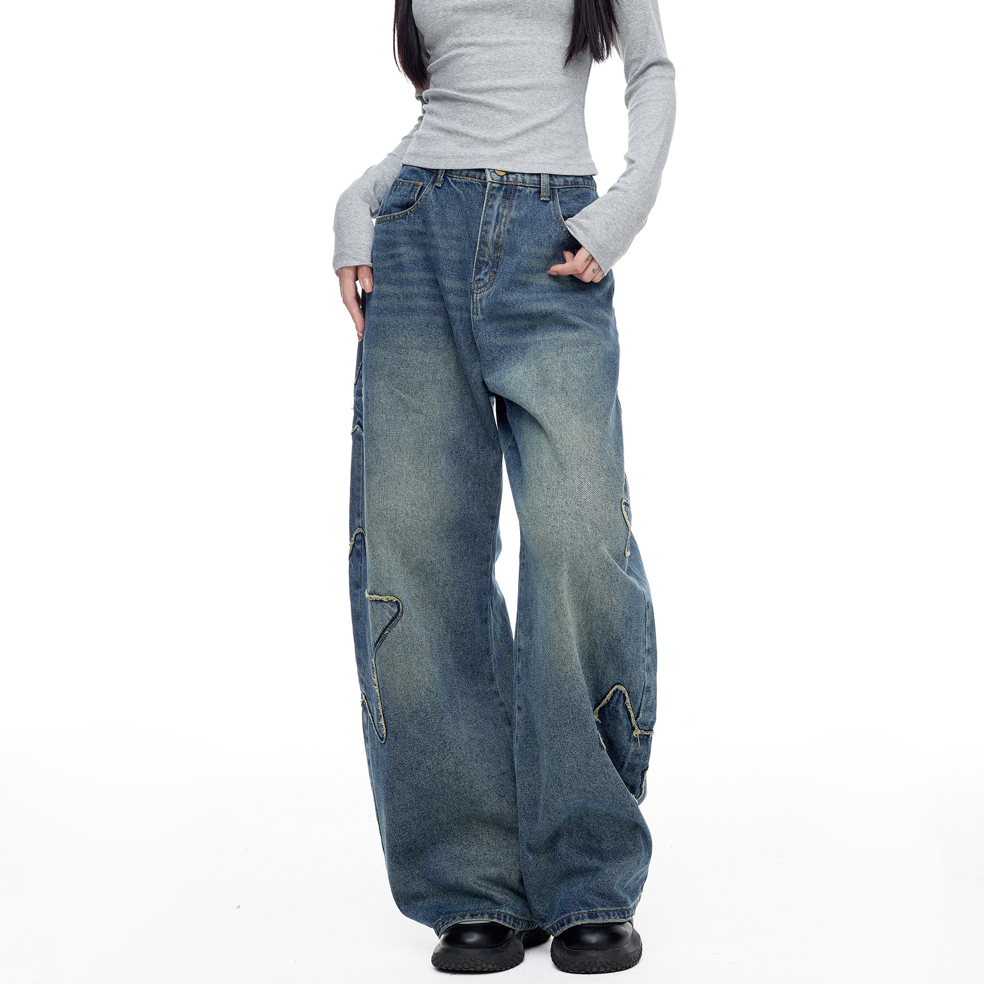 美式复古贴布水洗牛仔裤女2025新款直筒宽松休闲阔腿裤拖地裤长裤