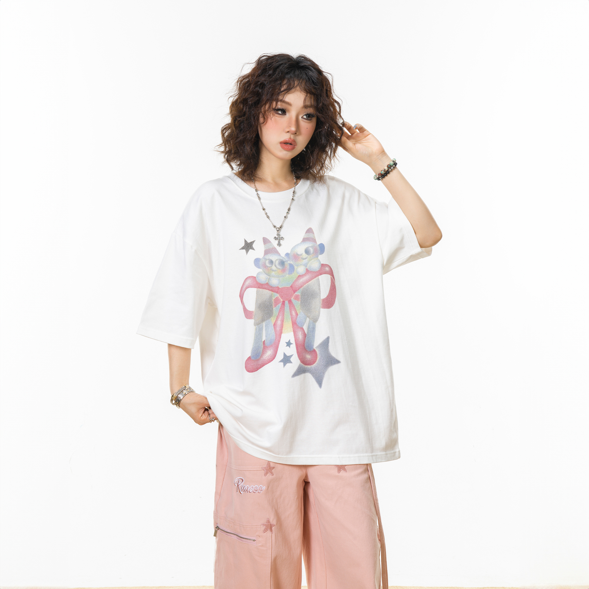 美式卡通数码印花白色t恤女短袖