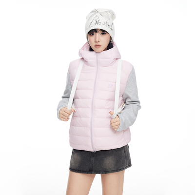 美式撞色拼接粉色连帽排骨羽绒服女冬季保暖显瘦羽绒内胆短款外套