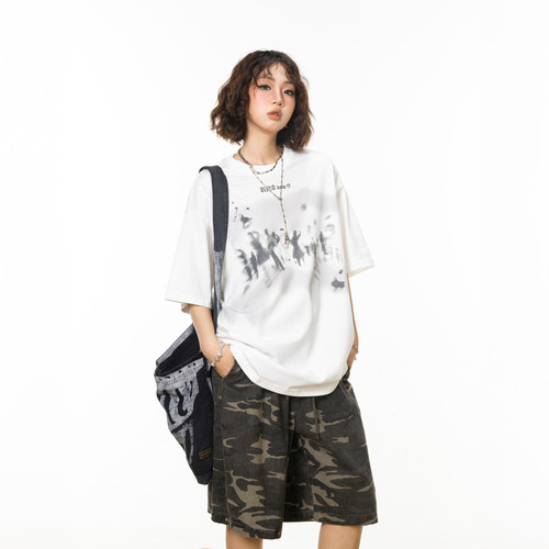 美式复古印花白色t恤女2024新款夏季街头宽松纯棉短袖上衣半袖潮