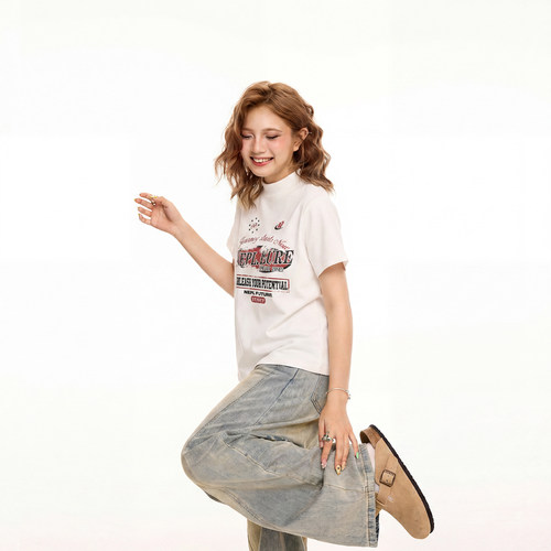 美式复古字母印花白色短袖t恤女2026新款夏季休闲显瘦正肩上衣潮