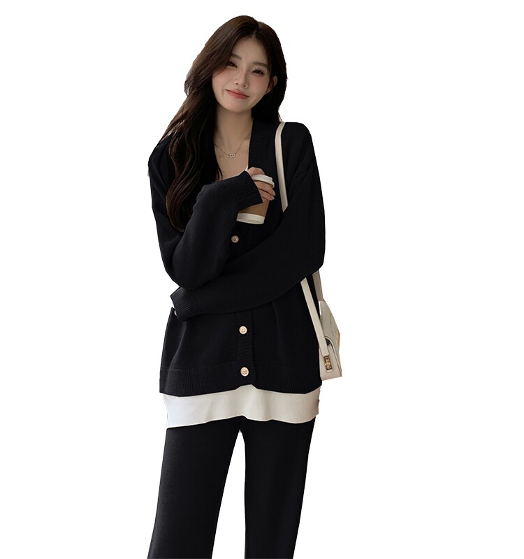 PREGNANT WOMAN CASUAL SUIT SPRING AND AUTUMN NEW LOOSE THREE-PIECE SET AUTUMN COMMUTER SET CARDIGAN TOP + WIDE-LEG PANTS SET