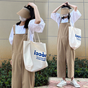 孕妇背带裤夏季新款2023韩版卡其色显瘦宽松连体裤工装裤套装外穿