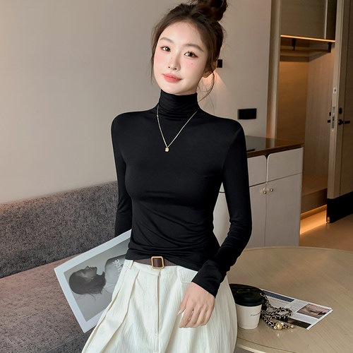 黑色高领莫代尔打底衫女秋冬内搭2024新款修身上衣长袖t恤女
