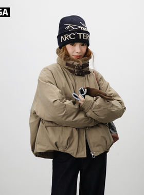 大嘎daga韩系休闲小个子短款外套冬羊羔毛领机车工装派克羽绒服女