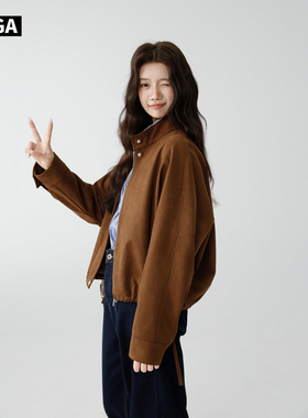 大嘎daga美拉德棕色外套女2026新款春立领短款工装小个子休闲夹克