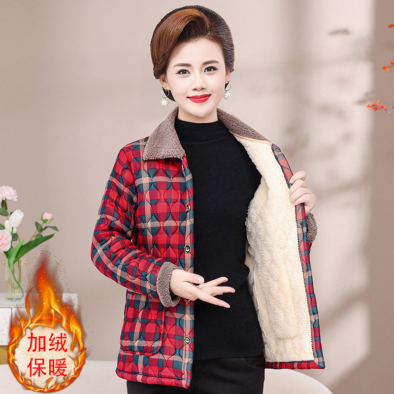 中老年妈妈秋冬装加绒小棉衣大码奶奶装翻领格子保暖薄款棉袄外套
