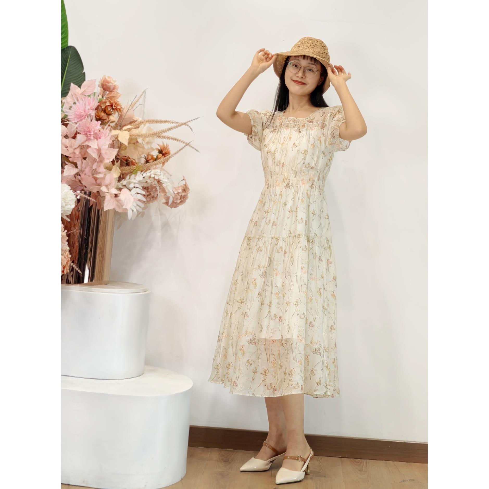 可路莎252308夏季小清新天丝连衣裙女田园风收腰中长裙
