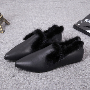 水貂毛瓢深口尖头平底加绒毛毛单鞋 2025秋冬新款 33女鞋 小码