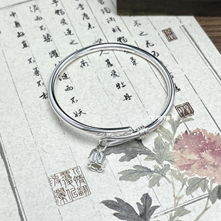 山海铃兰花银手镯足银9999精工卷尾新中式气质百搭开口纯银镯子