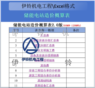 储能电站造价概算表(60MW-120MWh)2.0版