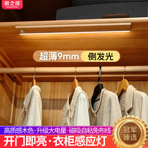 原木色充电衣柜感应灯开门即亮