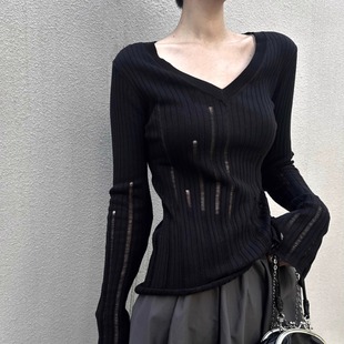 毛衣v领显瘦女 弹力微透针织衫 TAI胎 小众不规则镂空破洞暗黑修身