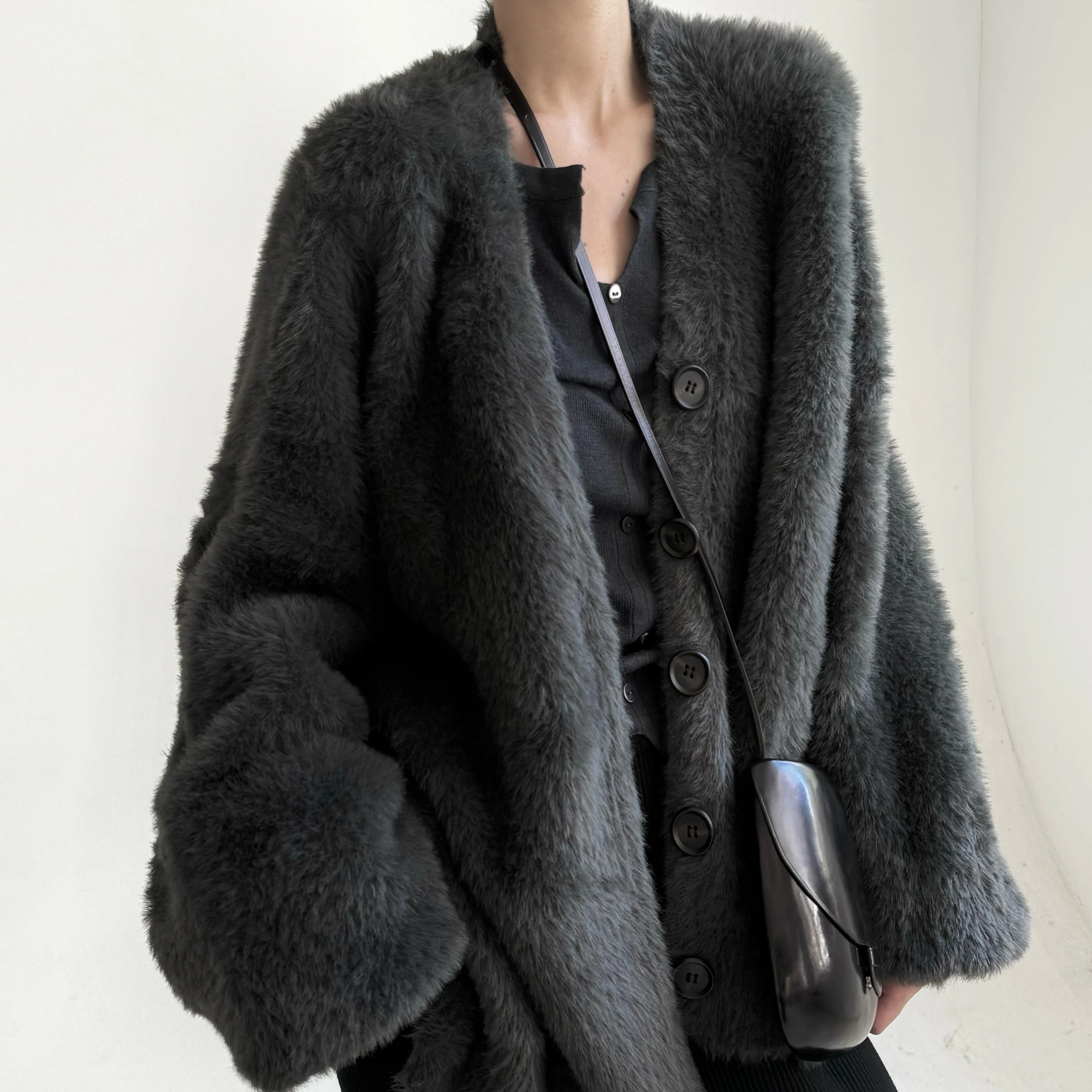 V领小众宽松亚麻灰外套