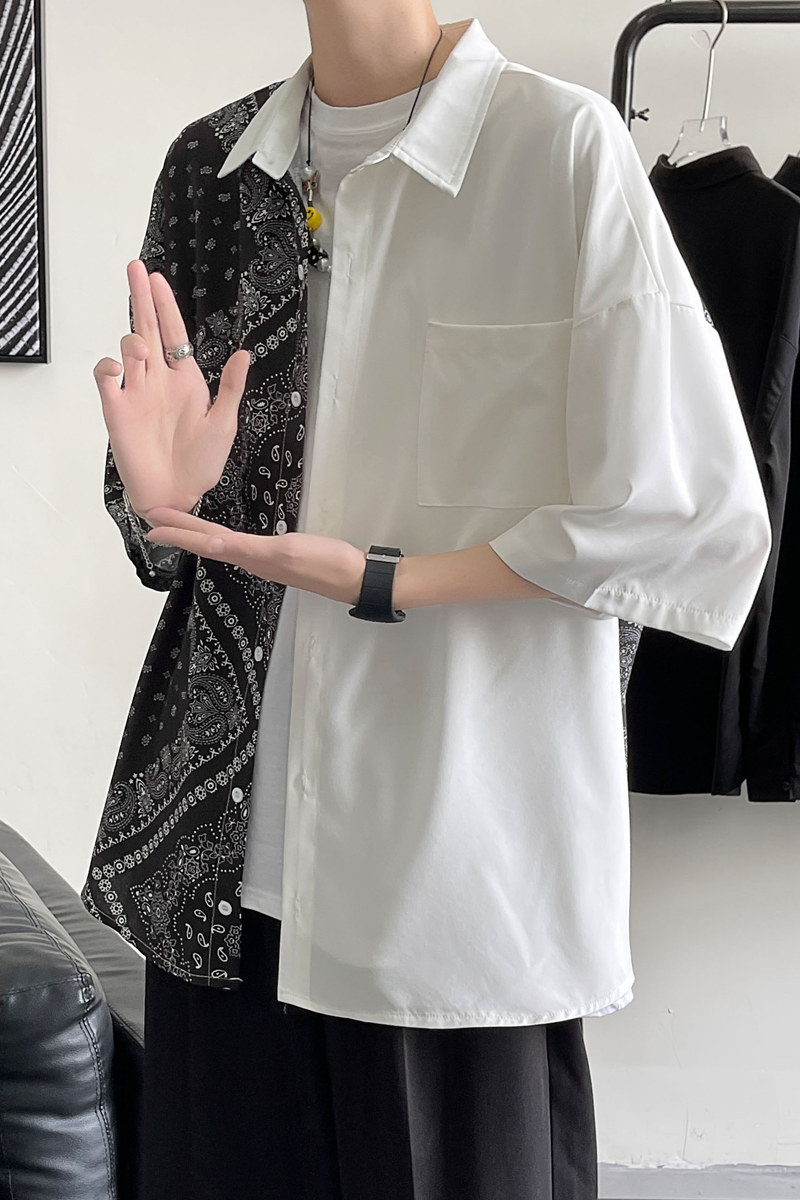 2026新款短袖衬衫腰果花拼色港风宽松大码休闲衬衣M-5XL-CS10-P38,男装T恤,星座417-1（原电商B245）