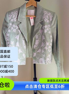 美国寄回国内现货女款浅绿全亚麻刺绣短西服薄外套特价不退不換