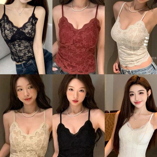 6099#爆款蕾丝吊带背心女带胸垫甜辣修身内搭打底上衣可外穿