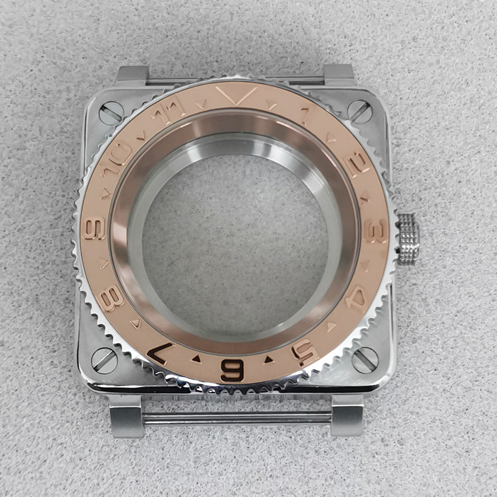 手表配件42mm精钢方形表壳蓝宝石玻璃 玫金色内影适装nh35/36机芯