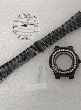手表配件新款41mm表壳带钻PVD黑色套装字面+指针 装NH35/70 机芯