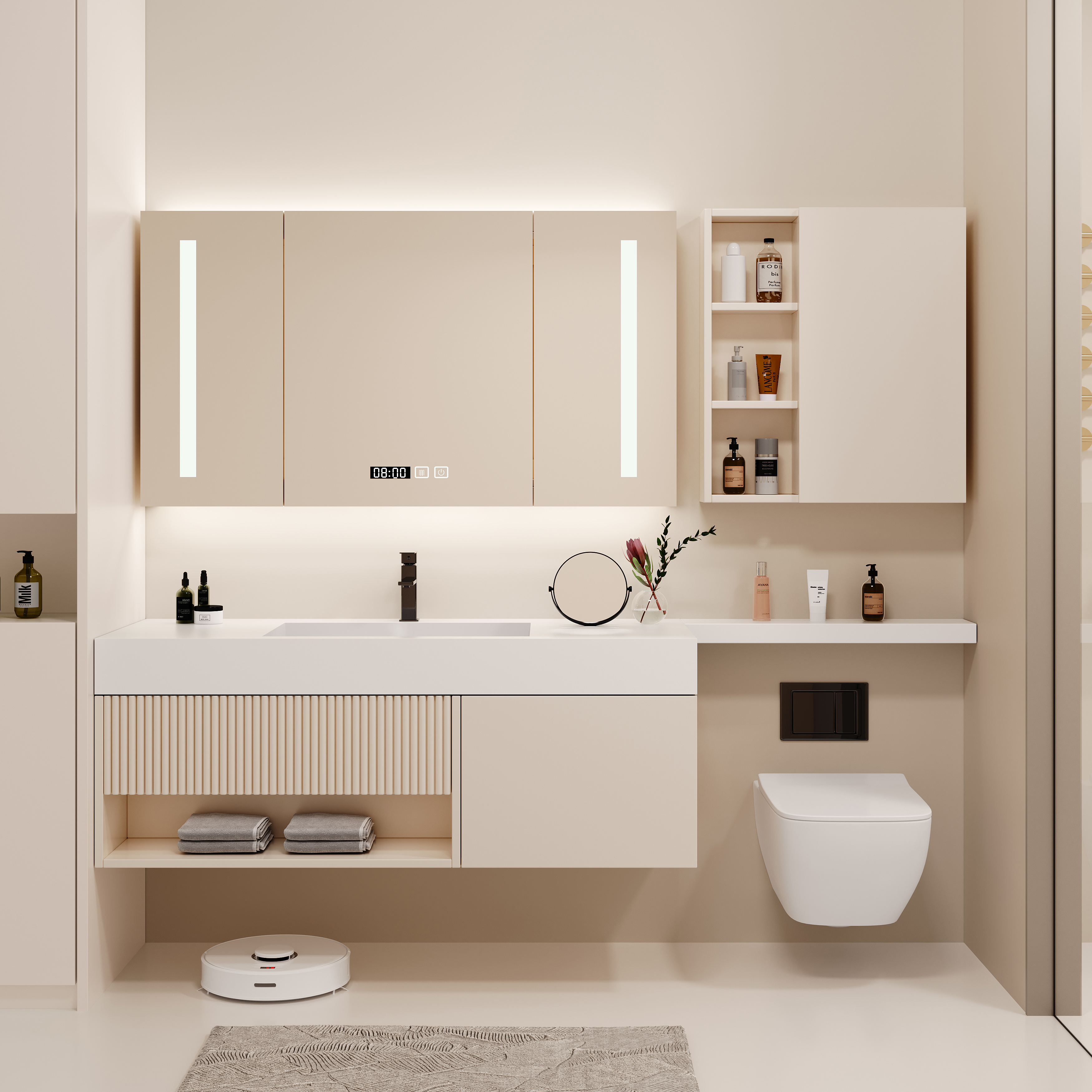 轻奢岩板一体盆浴室柜组合简约橡木洗漱台洗手无缝盆定制马桶延长