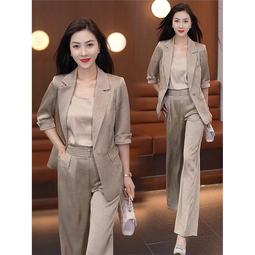 时尚气质中袖小西装套装女春夏新款高级感西服外套阔腿裤三件套潮