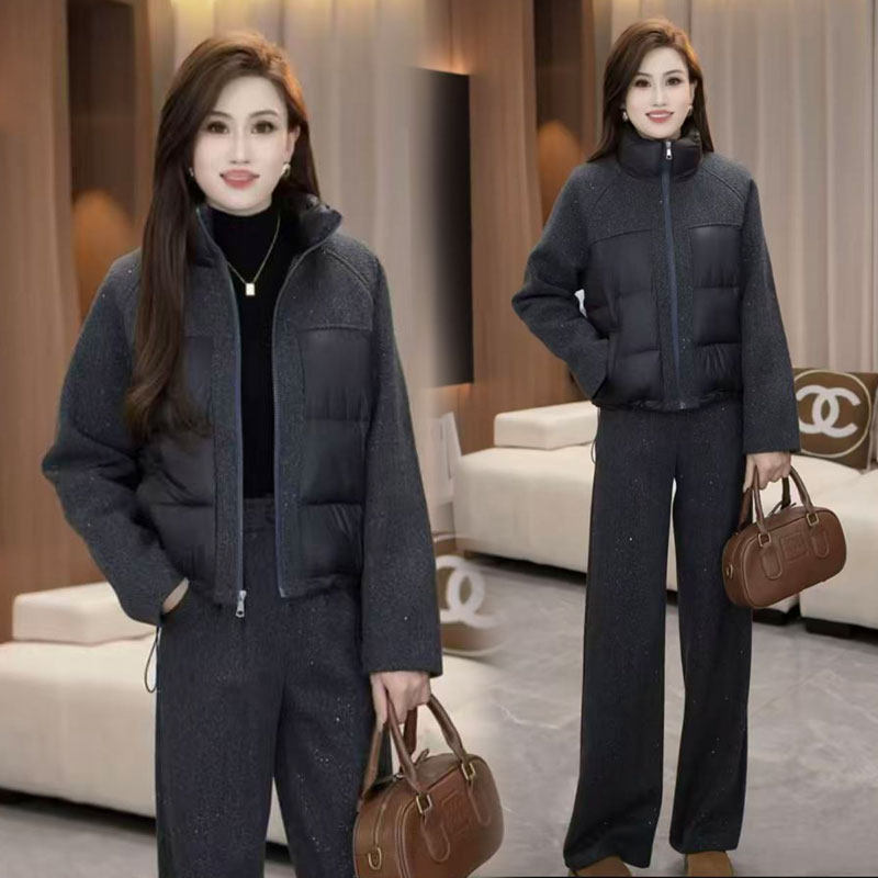梨子专属高级感亮片毛呢拼接立领棉服短外套+阔腿裤两件套女秋冬