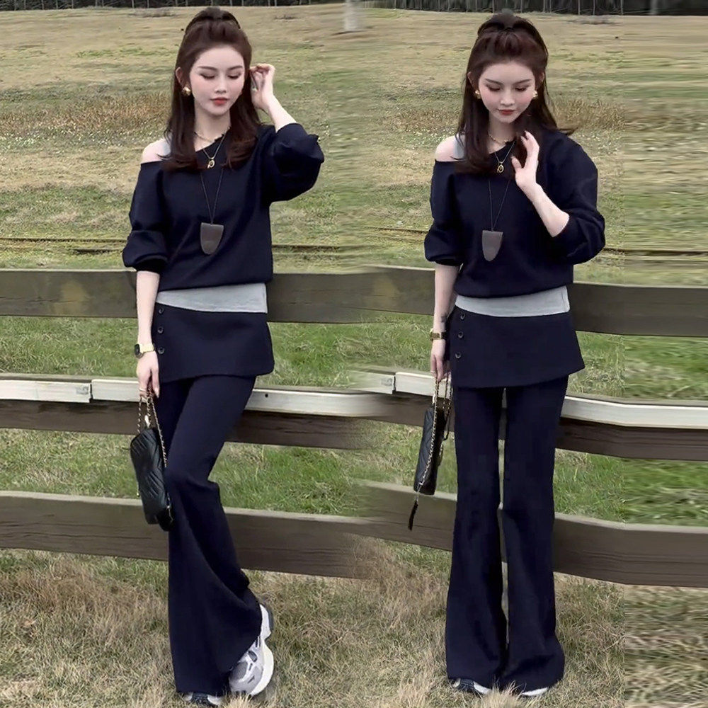 时尚休闲套装女2026春季新款洋气拼接露肩卫衣微喇裤中裙两件套潮