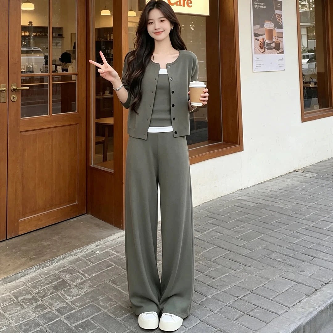 休闲运动背心阔腿长裤三件套