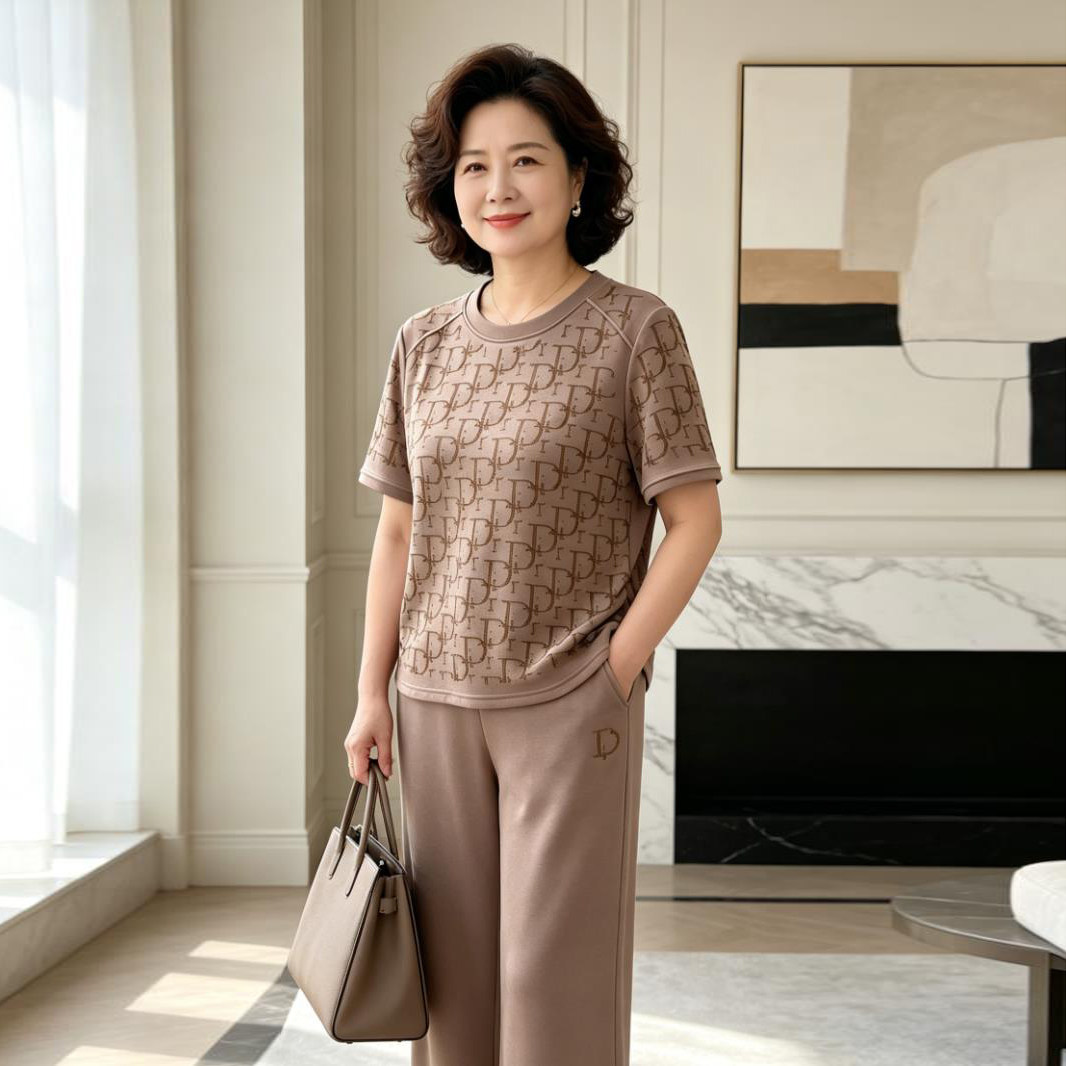 中年妈妈休闲服圆领短袖运动套装夏季新款时尚烫钻洋气大码两件套