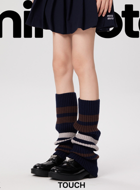 mingoto堆堆袜套藏蓝色学院风拼色条纹小腿袜女秋冬加厚保暖腿套