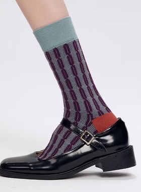 mingoto秋冬条纹中筒搭配小皮鞋袜子女情侣复古日系紫色棉堆堆袜