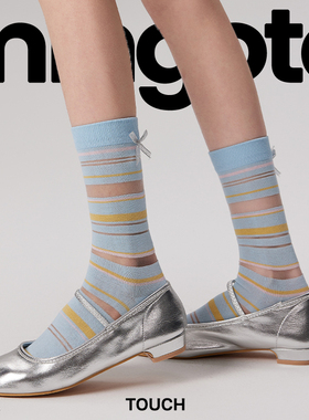 mingoto袜子女夏薄款蓝色条纹中筒袜简约卡丝袜子透气堆堆袜
