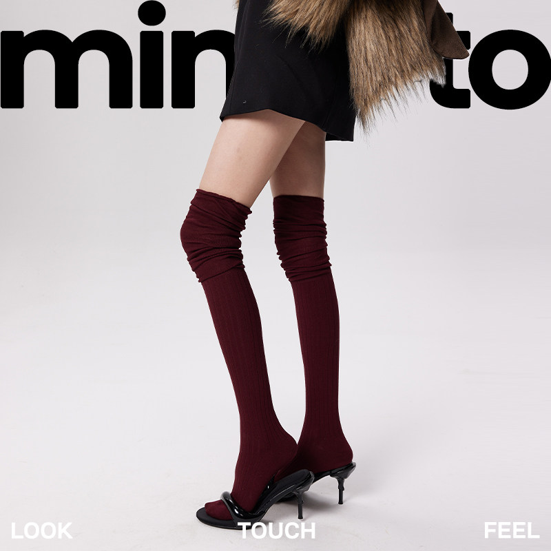 mingoto早春学院纯色百搭拼接长筒袜酒红小腿显瘦过膝堆堆袜子女,女士内衣/男士内衣/家居服,长筒袜,淘宝优惠券,粉丝福利购,淘宝优惠卷