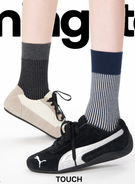 藏蓝色韩系撞色银丝条纹袜子女中筒秋冬个性百搭双针堆堆袜