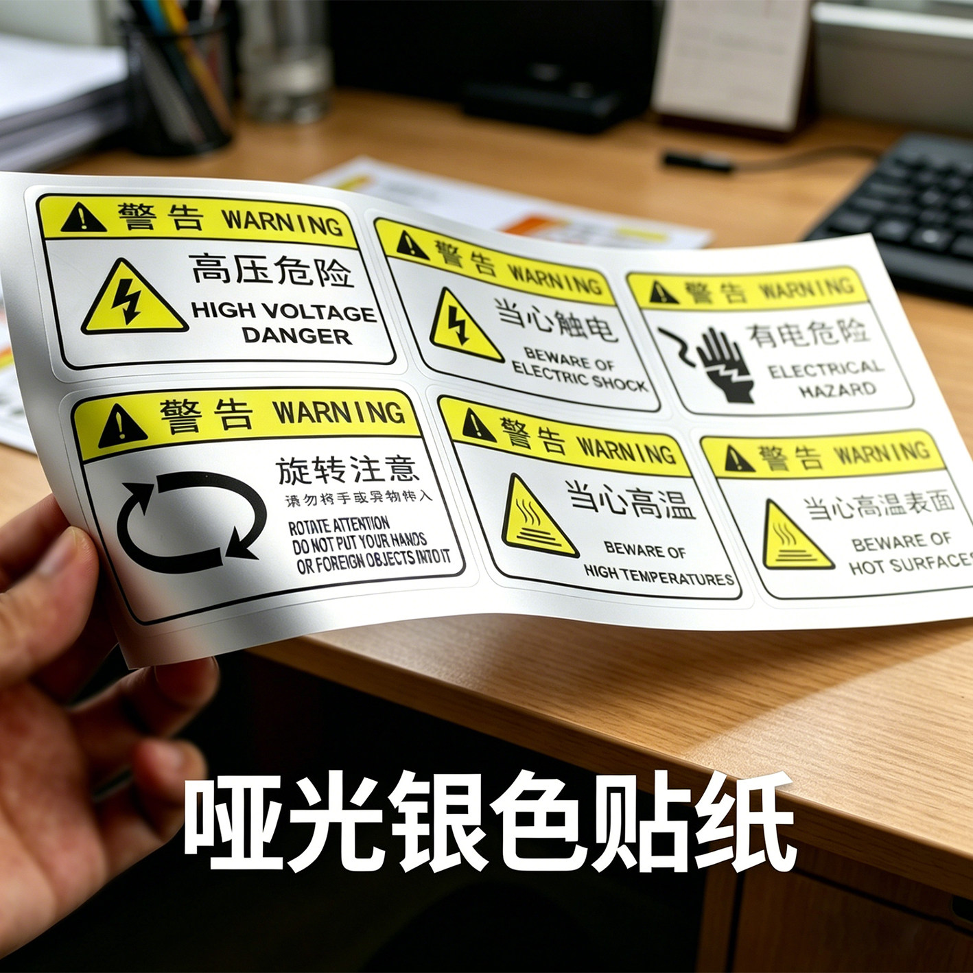 哑光银色机械设备安全警示标识贴有电危险请勿触摸工厂机床机器警告提示贴纸自带背胶车间设备安全标示标签