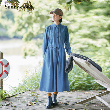 桑妮库拉/Sunny clouds 纯棉靛蓝染连衣裙抽绳复古长裙