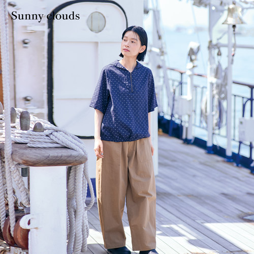 棉麻海军领半拉链衬衫女