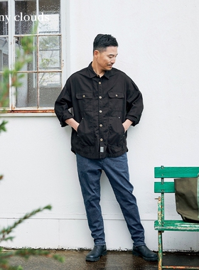 春季新品 桑妮库拉/Sunny clouds男纯棉黑色工装风落肩人字纹衬衫