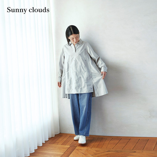 女式纯棉翠雀花刺绣中长款衬衫