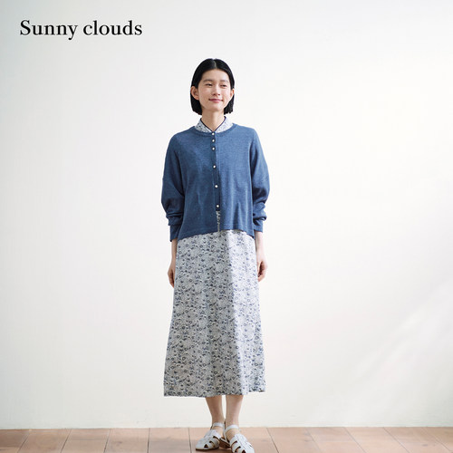 蓝色落肩开衫外套女亚麻混纺