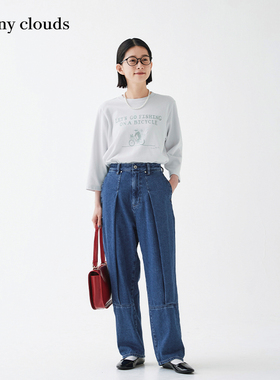 桑妮库拉/Sunny clouds 纯棉七分袖印花T恤衫米白上衣女