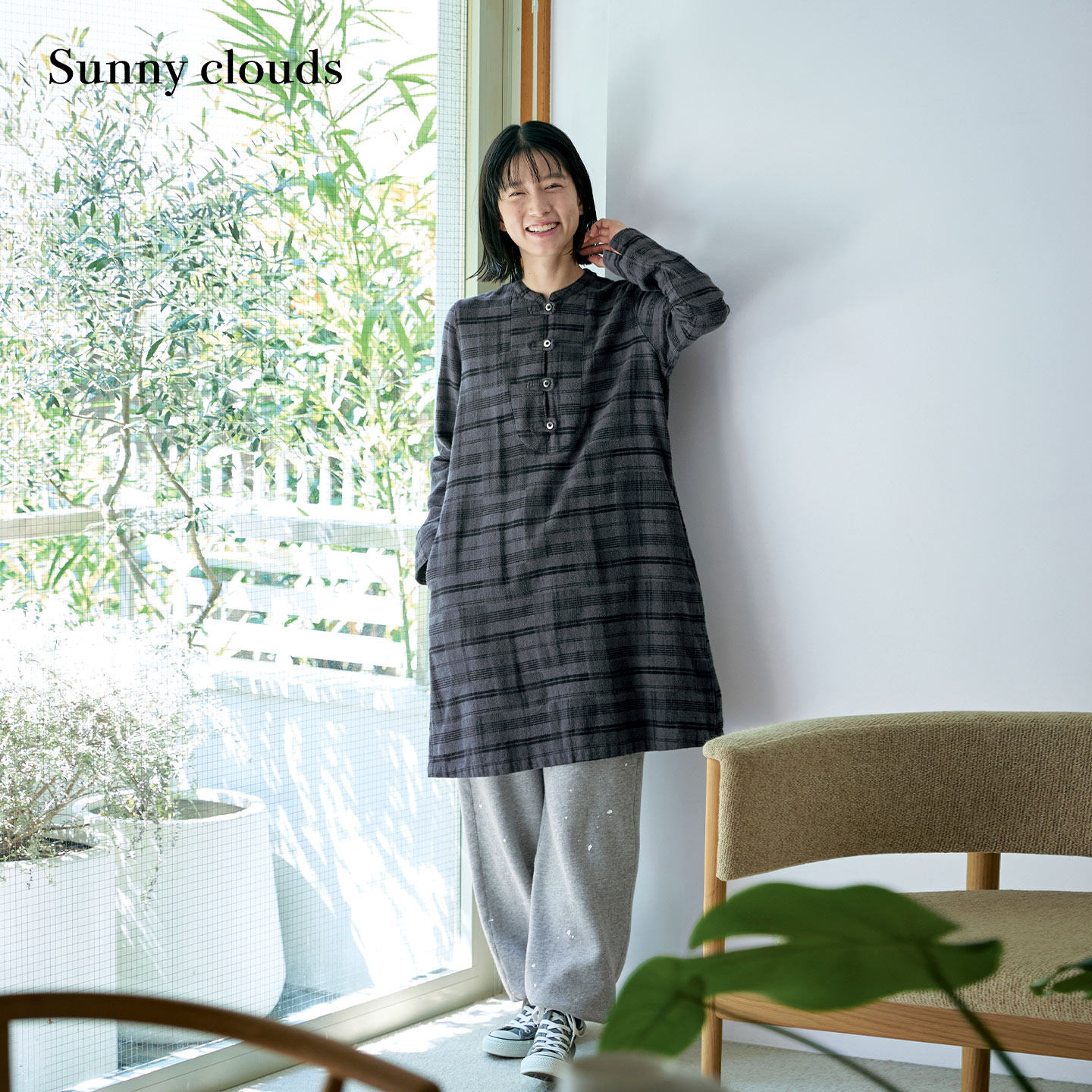 女式纯棉磨毛格子连衣裙日系立领