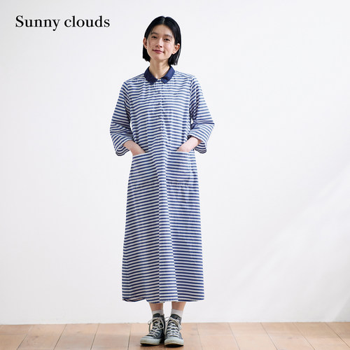 女式纯棉蓝白条纹翻领连衣裙