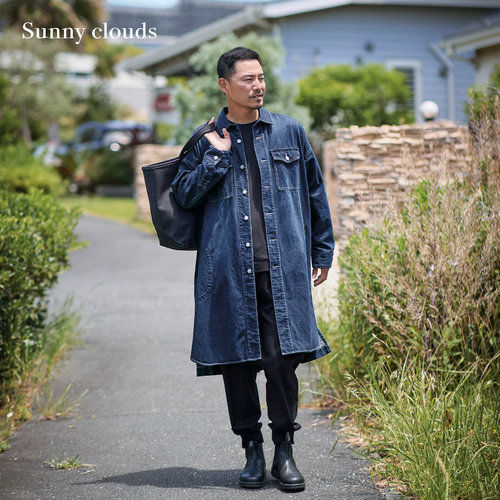 男式纯棉落肩衬衫式牛仔长款外套
