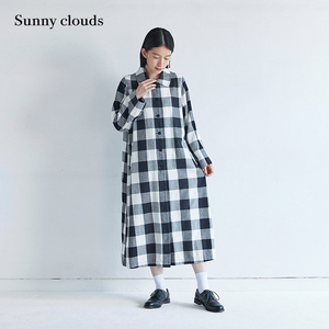 桑妮库拉/Sunny clouds纯棉厚实黑白格子连衣裙衬衫裙冬